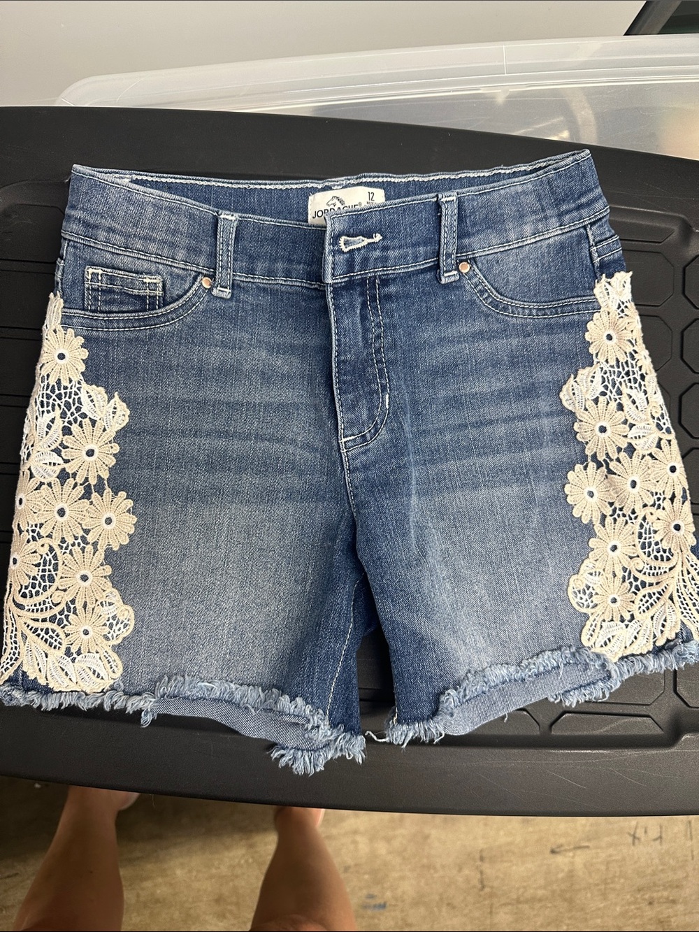 Jordache Blue Denim Shorts with White Lace Floral Trim